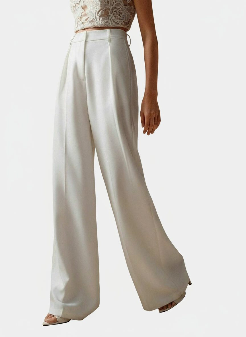 High-Waisted Tailored Trousers with Front Pleats - White
