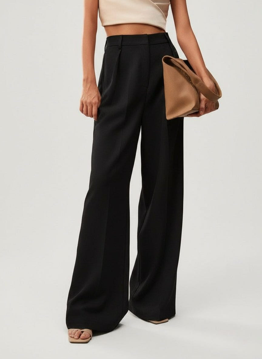 High-Waisted Tailored Trousers with Front Pleats - Black