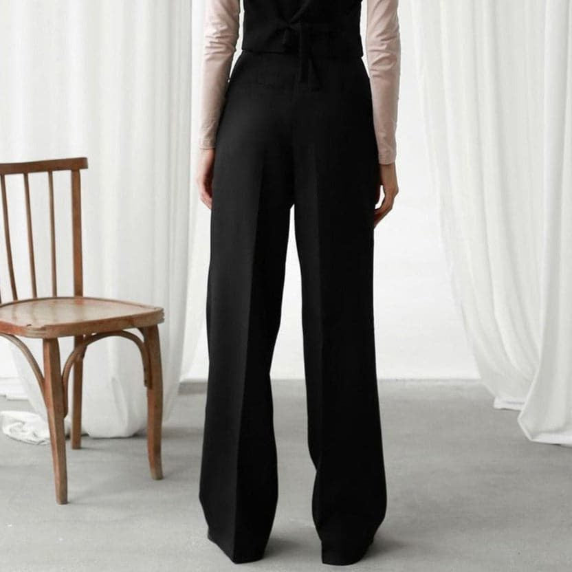 Pleated Wide-Leg Trousers with Drawstring Waist - Black