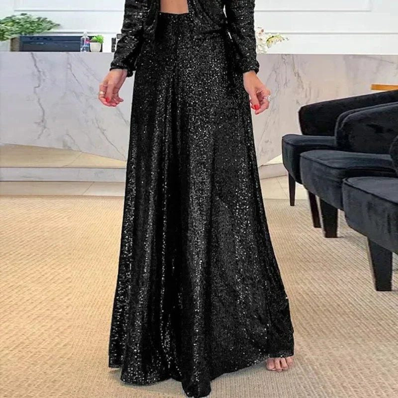 Sequin Wide-Leg Trousers - Black
