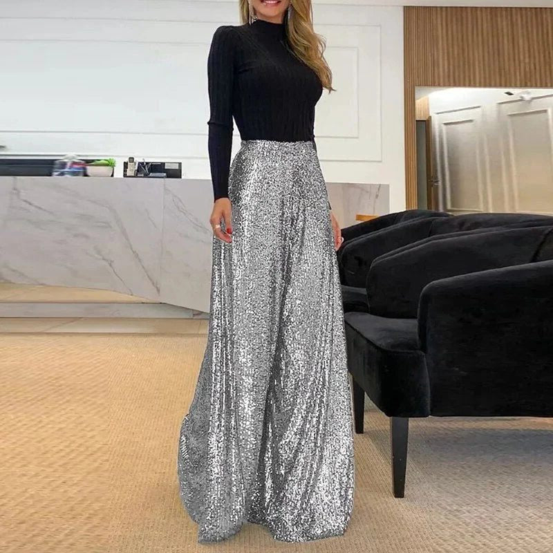 Sequin Wide-Leg Trousers - Silver