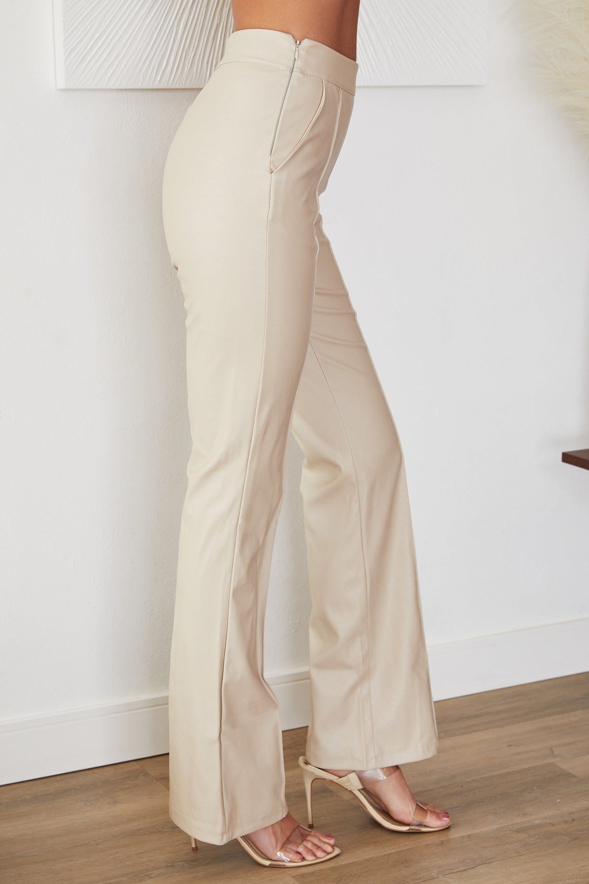 Faux Leather Straight-Leg Trousers - Beige