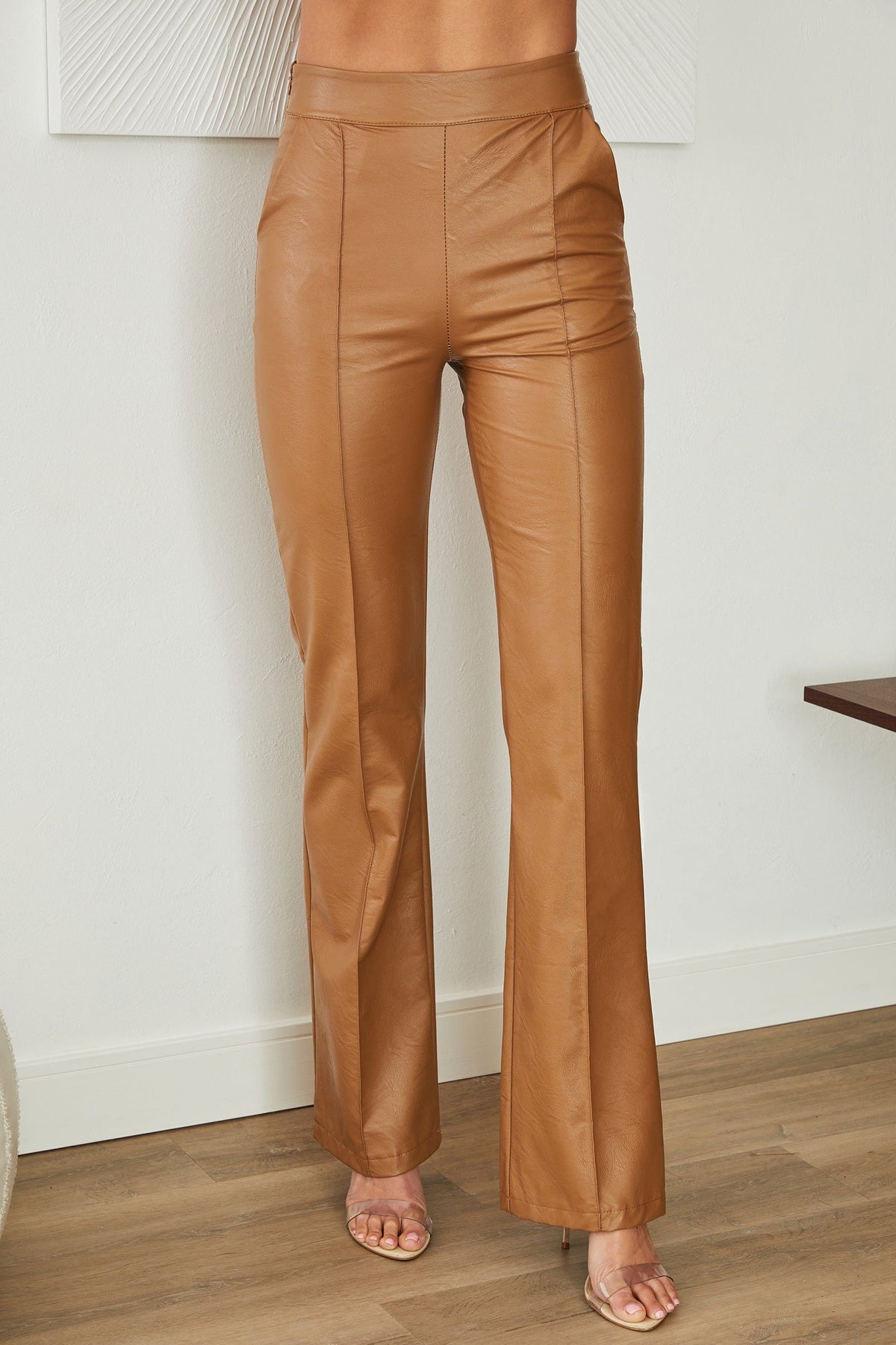 Faux Leather Straight-Leg Trousers - Camel