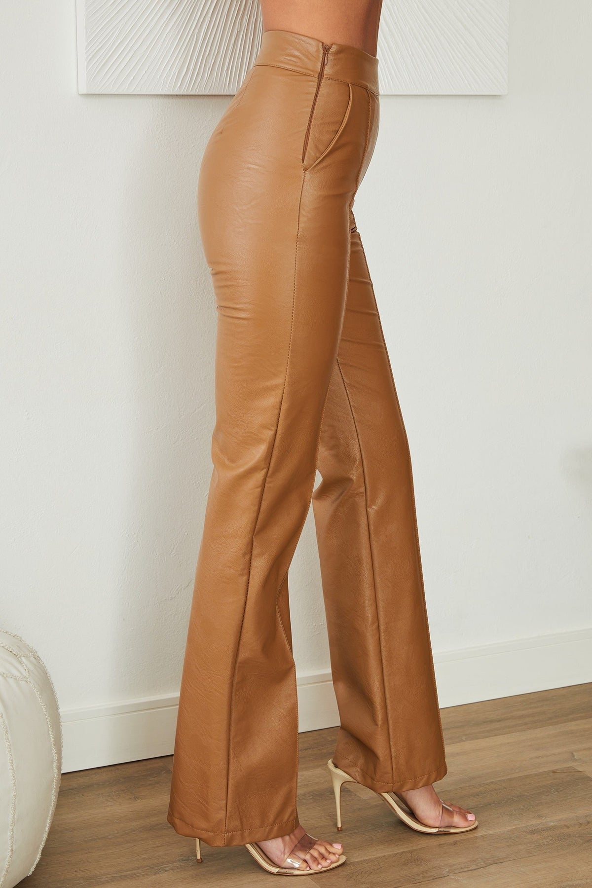 Faux Leather Straight-Leg Trousers - Camel