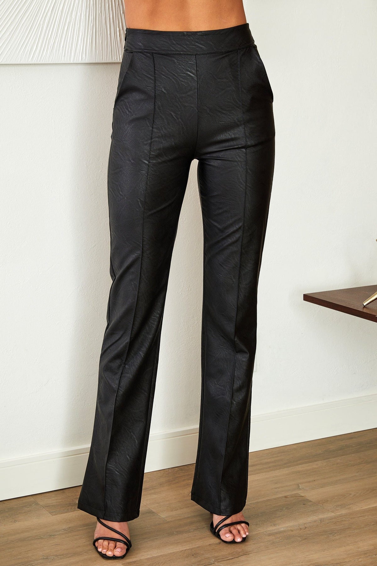 Faux Leather Straight-Leg Trousers - Black