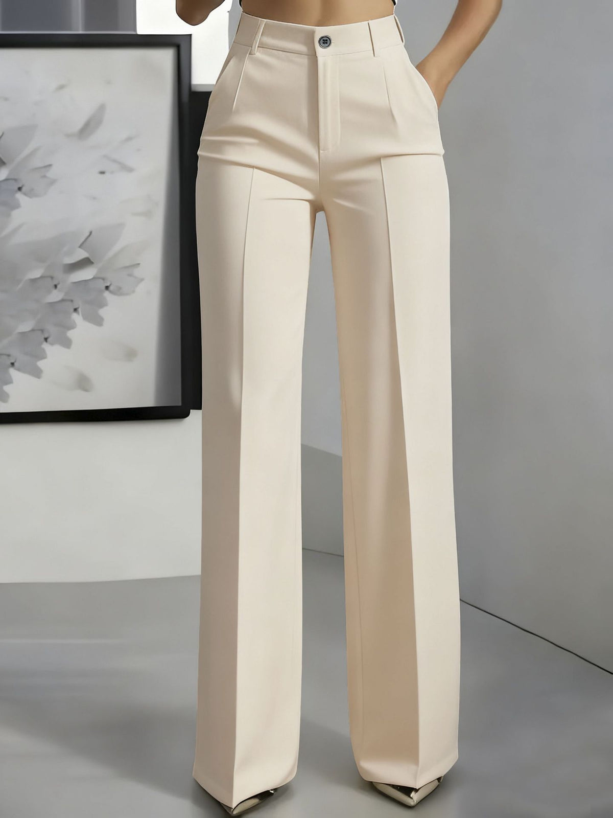High-Waisted Wide-Leg Tailored Trousers - Apricot