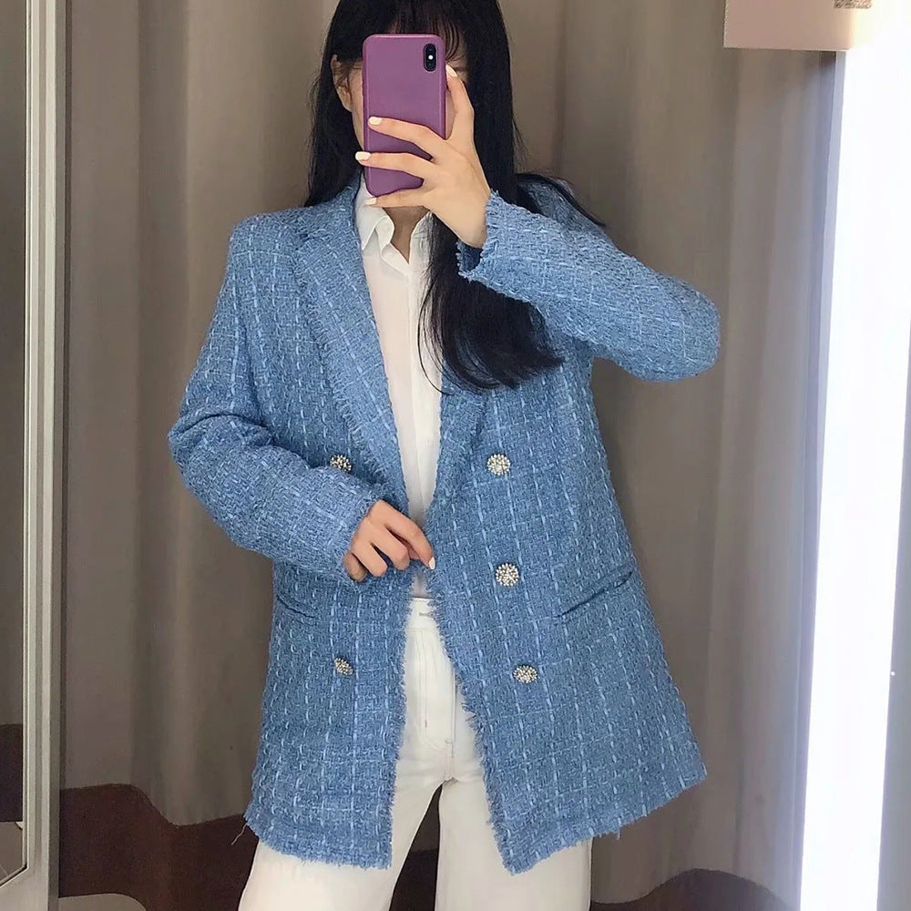 Tweed Blazer mit Fransen und Zierknöpfen für Damen