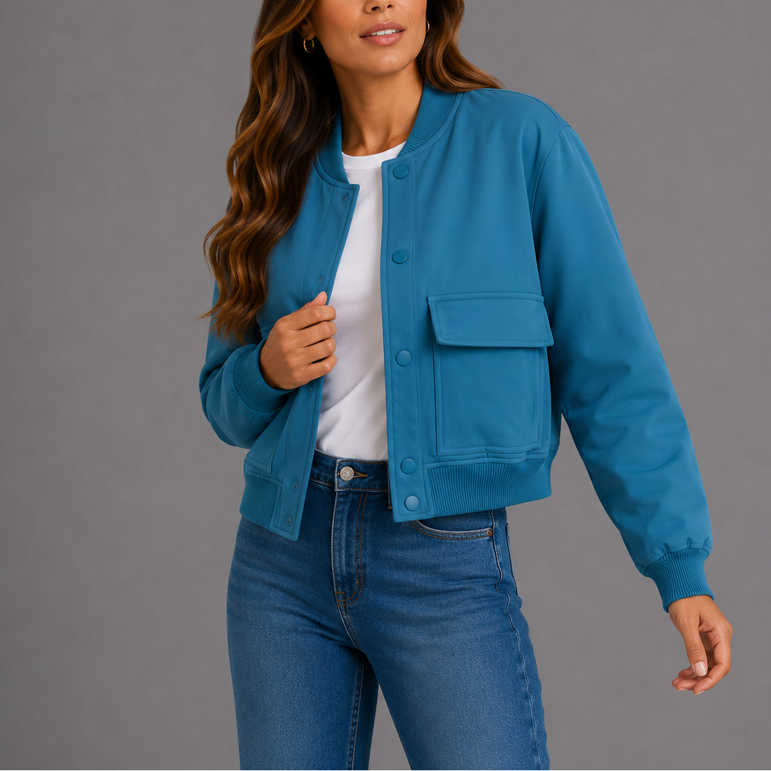 Bomberjacke mit Rippkragen und Pattentaschen für Damen - Blau