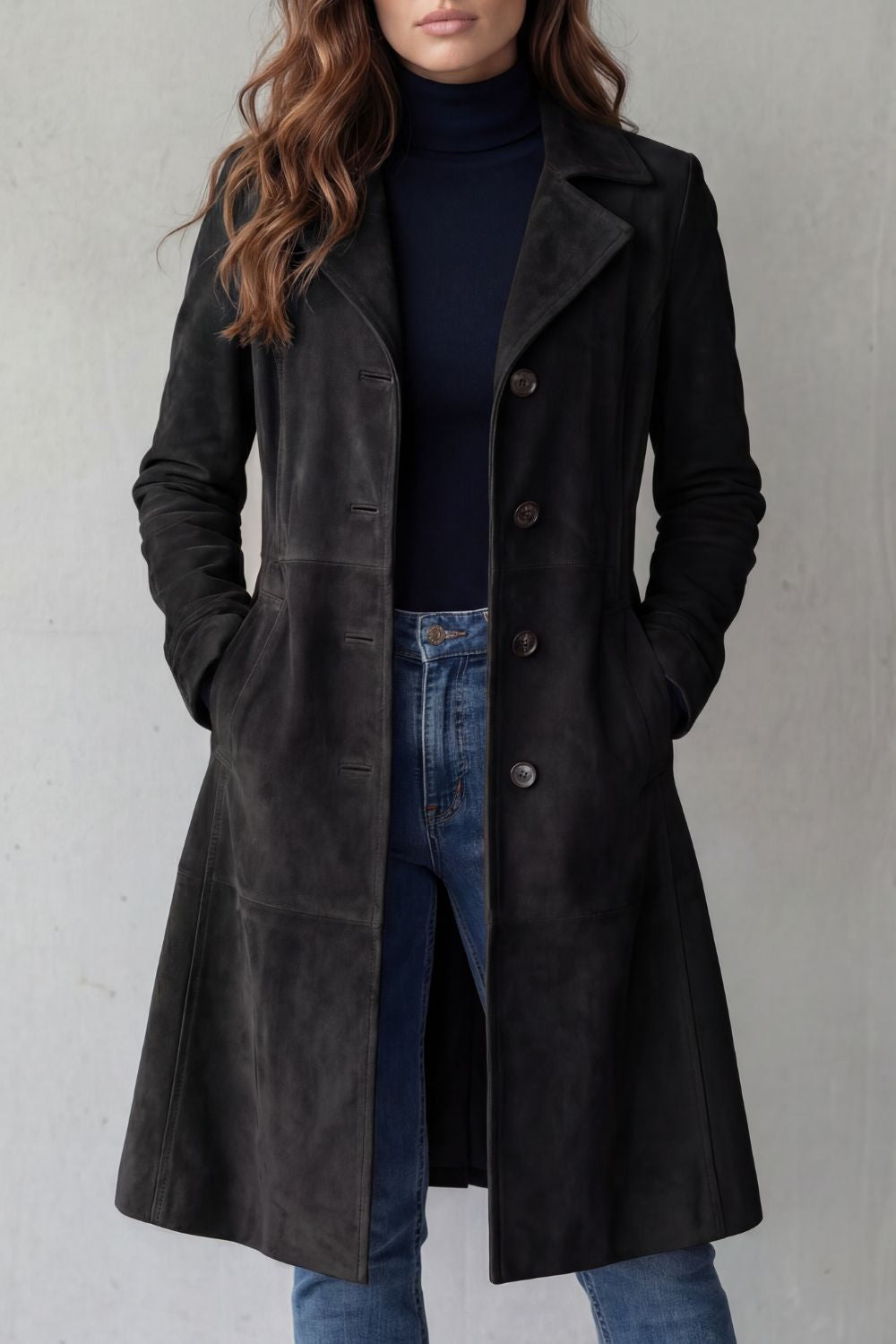 Wildledermantel in Wildlederoptik mit Revers für Damen - Schwarz