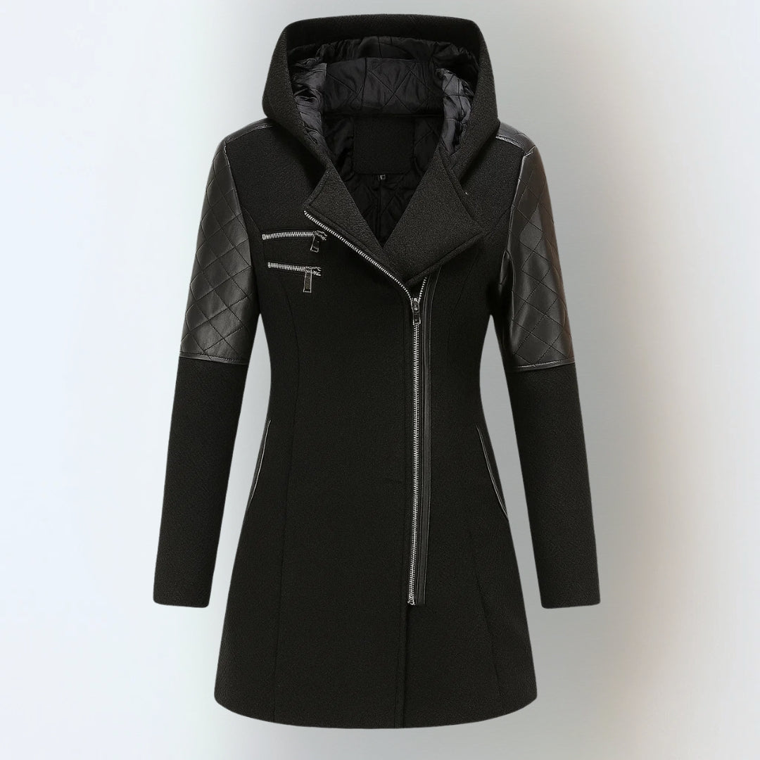 Winterjacke mit Kapuze und schrägem Reißverschluss für Damen - Schwarz