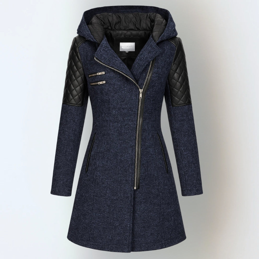 Winterjacke mit Kapuze und schrägem Reißverschluss für Damen - Blau