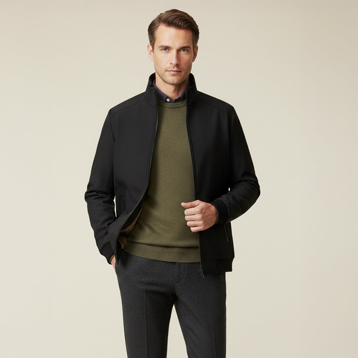Winterjacke Herren mit Fleecefutter, hüftlang und Stehkragen
