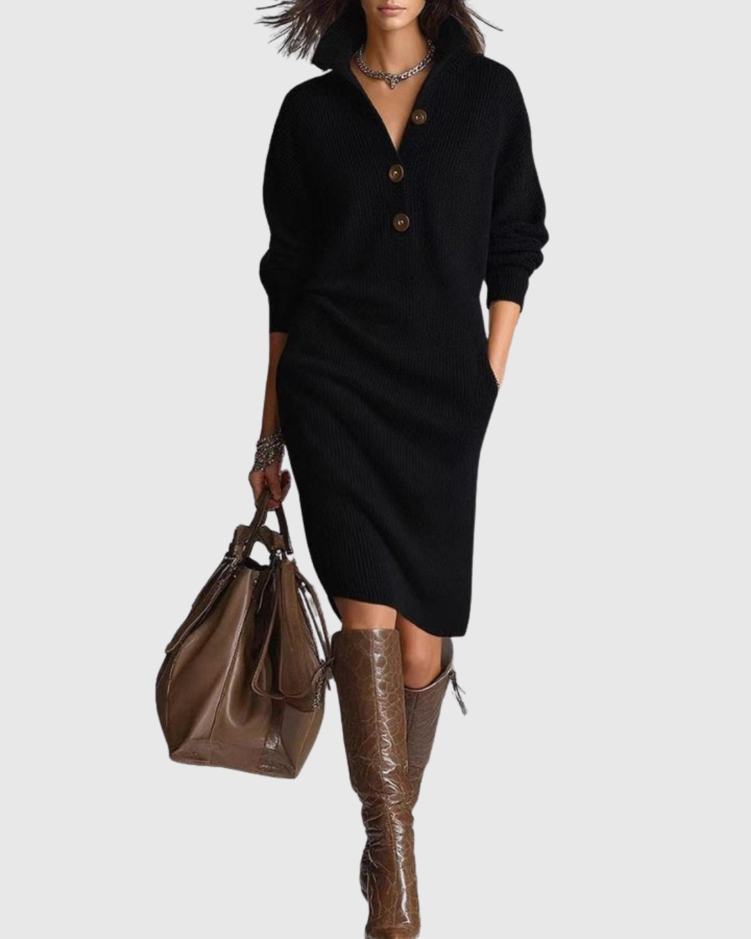 Winterkleid mit Rippstruktur und Kragen für Damen - Schwarz