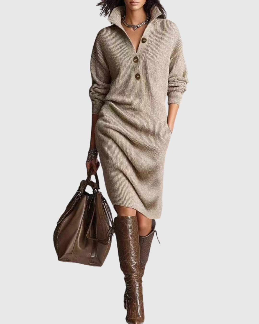 Winterkleid mit Rippstruktur und Kragen für Damen - Khaki