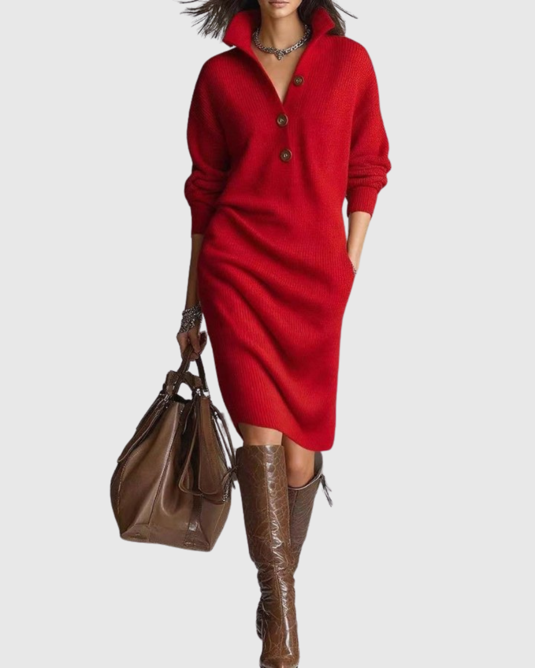 Winterkleid mit Rippstruktur und Kragen für Damen - Rot