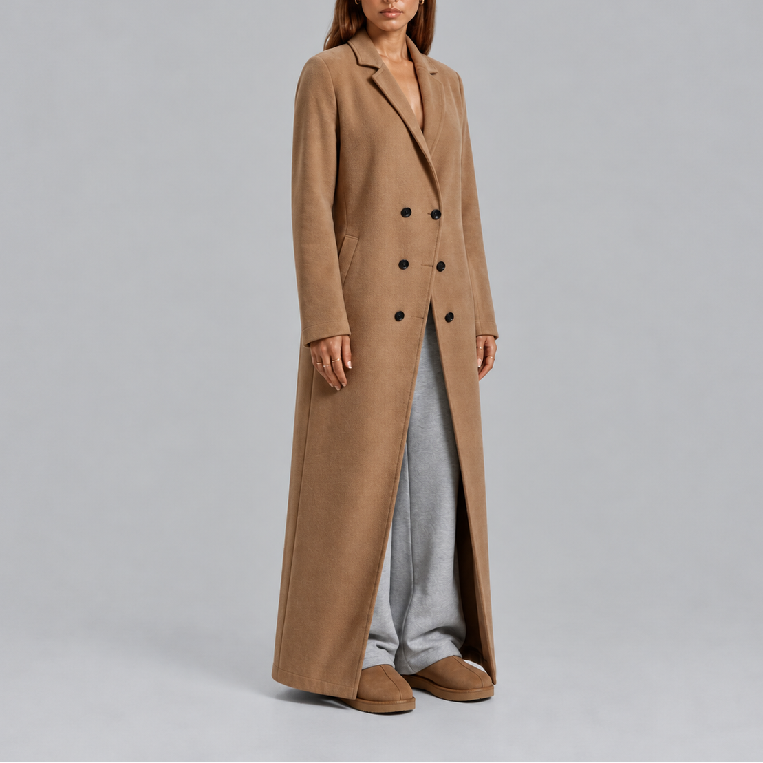 Wintermantel zweireihig mit langem Schnitt für Damen - Beige