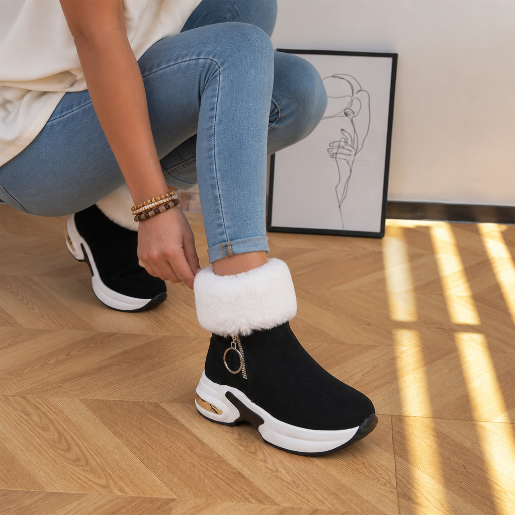 Winterboots mit Keilabsatz und Kunstfell für Damen - Schwarz