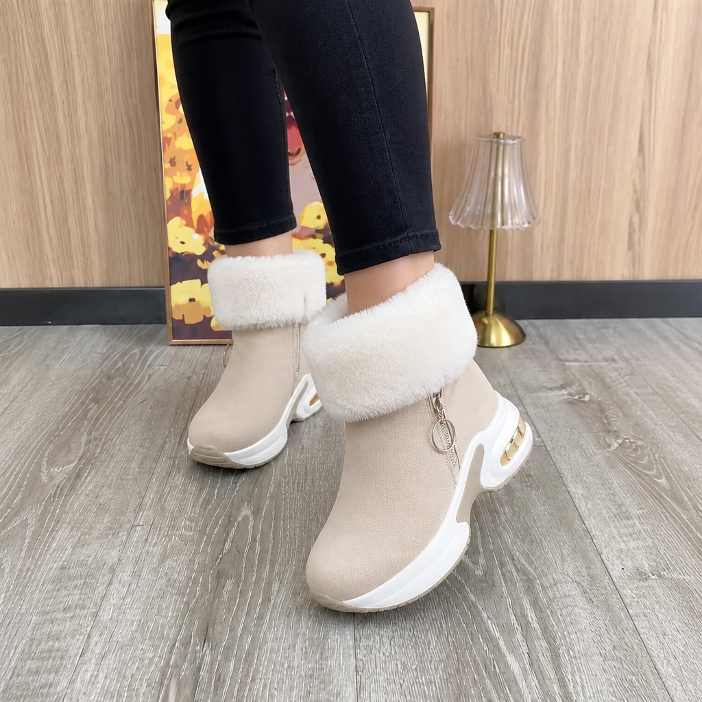 Winterboots mit Keilabsatz und Kunstfell für Damen - Beige