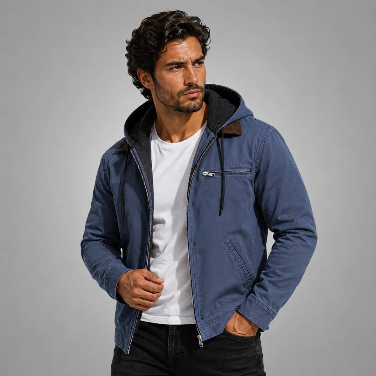 Winterjacke mit Kapuze und Rippbündchen für Herren