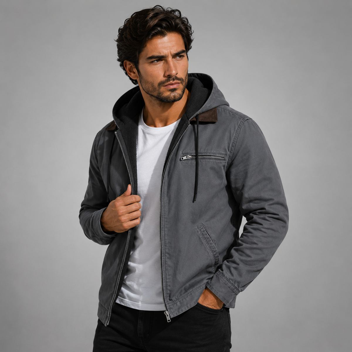 Winterjacke mit Kapuze und Rippbündchen für Herren