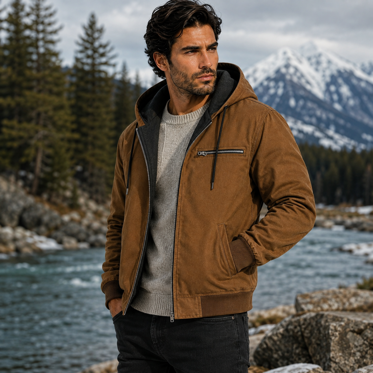 Winterjacke mit Kapuze und Rippbündchen für Herren