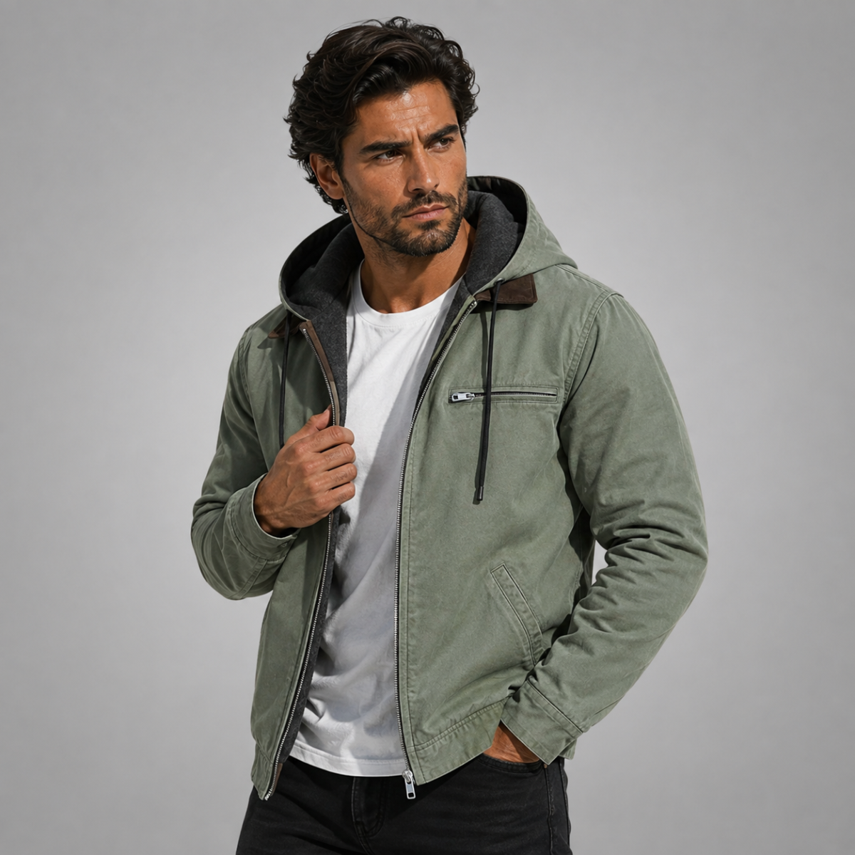 Winterjacke mit Kapuze und Rippbündchen für Herren