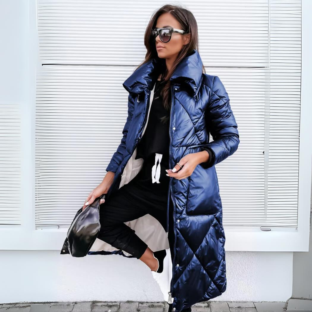 Langer Steppmantel mit Rautensteppung und Stehkragen für Damen - Blau