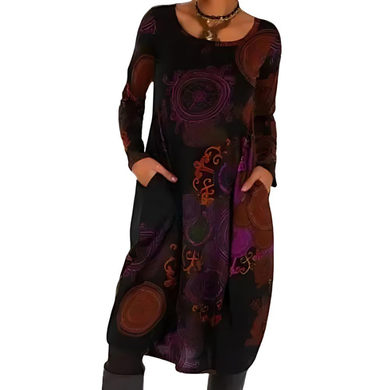 Winterkleid mit langen Ärmeln und Taschen für Damen - Rot