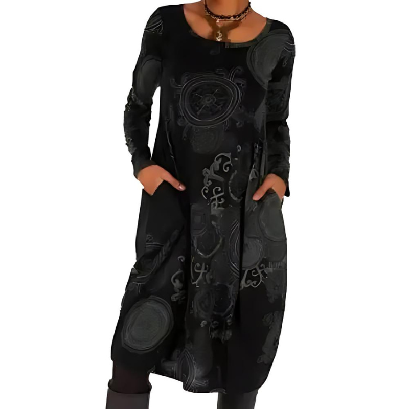 Winterkleid mit langen Ärmeln und Taschen für Damen - Schwarz