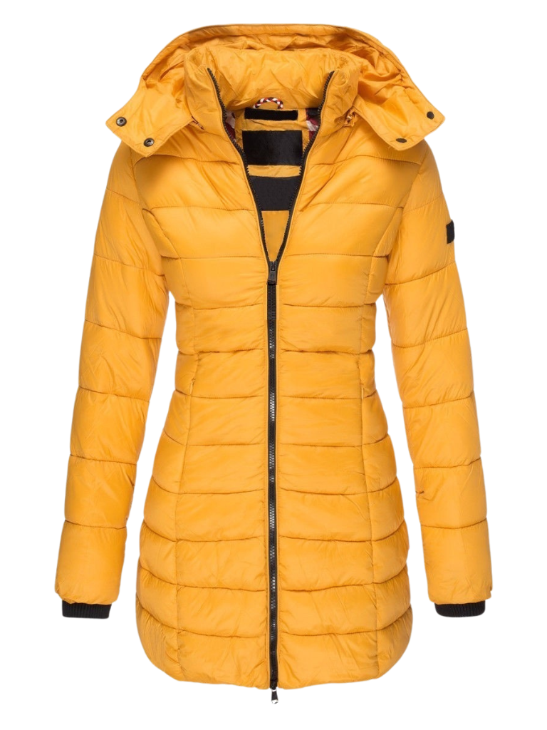 Langer Steppmantel mit abnehmbarer Kapuze für Damen - Gelb