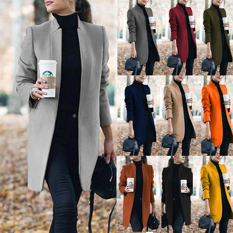 Langer Wollmantel mit Stehkragen und Eingrifftaschen für Damen