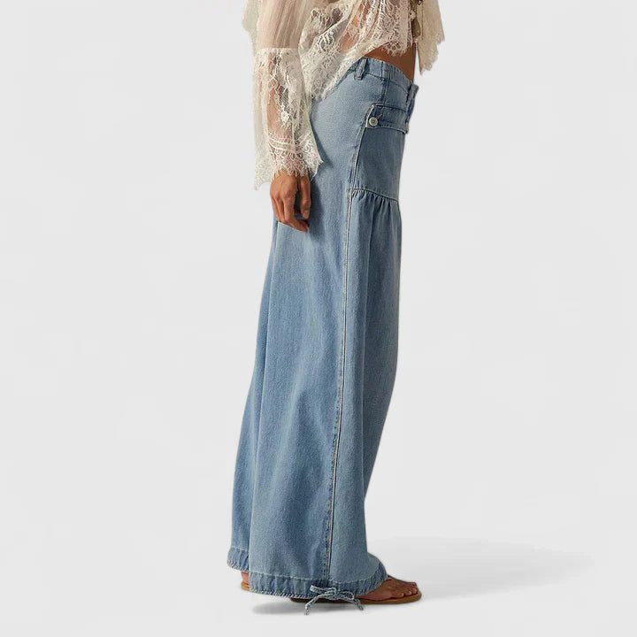 Pleated Wide-Leg Jeans with Tie Ankles - Light Blue