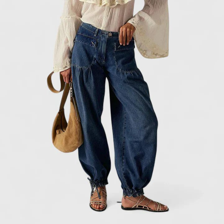 Pleated Wide-Leg Jeans with Tie Ankles - Dark Blue