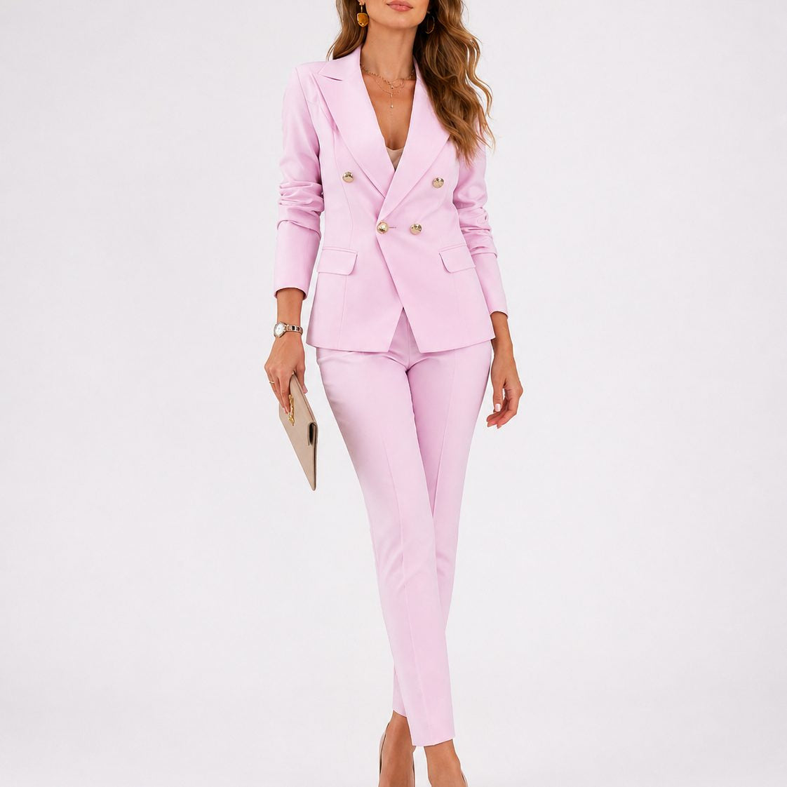 Double-Breasted Blazer and Ankle-Length Trouser Suit - Pink