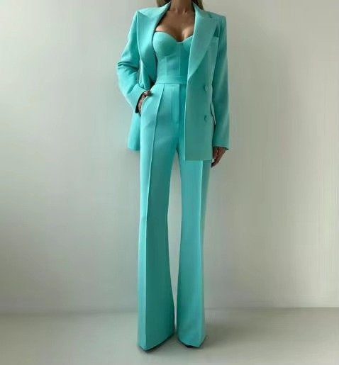 Longline Blazer and High-Waisted Flared Trouser Set - Green