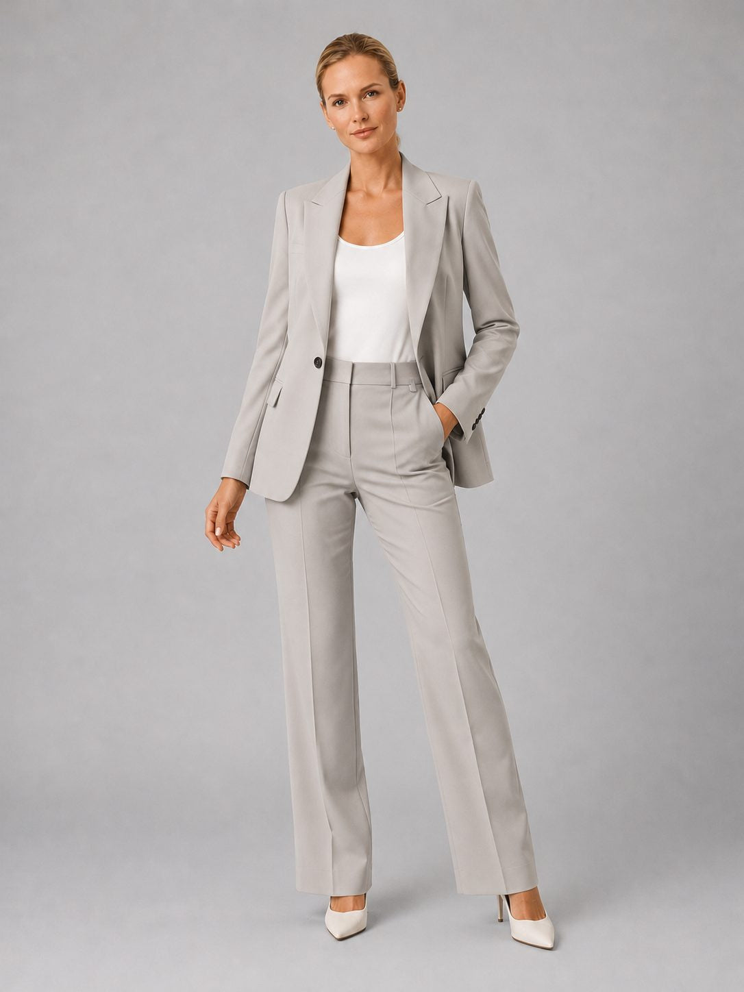 Longline Blazer and High-Waisted Trouser Suit - Grey