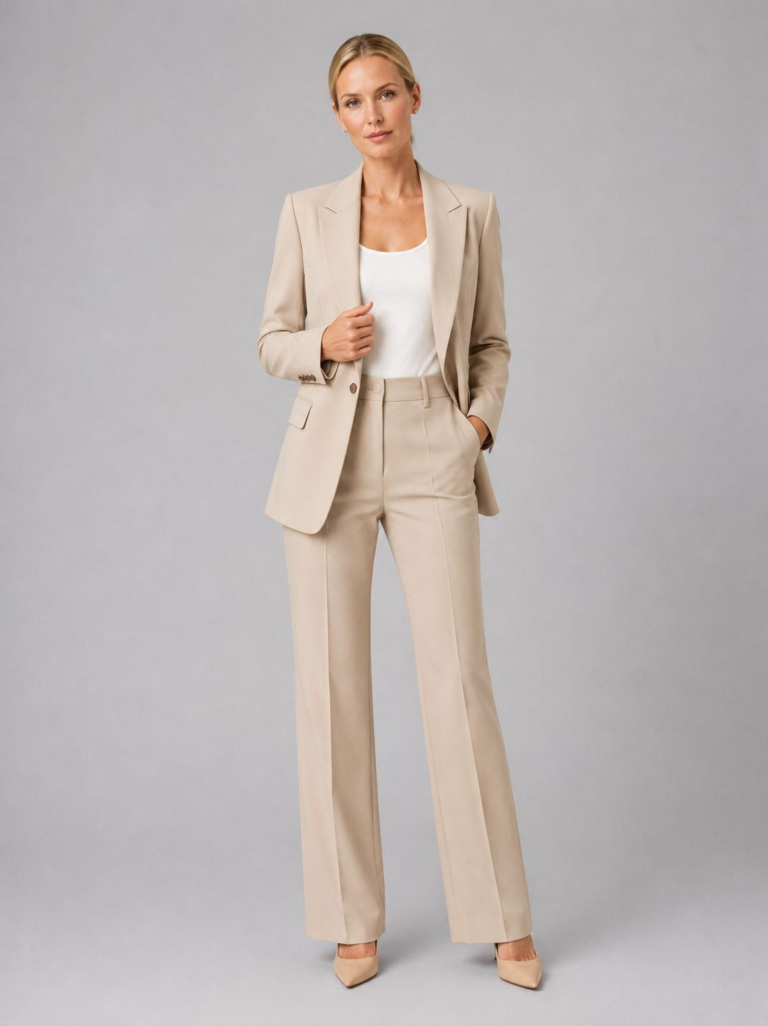 Longline Blazer and High-Waisted Trouser Suit - Beige