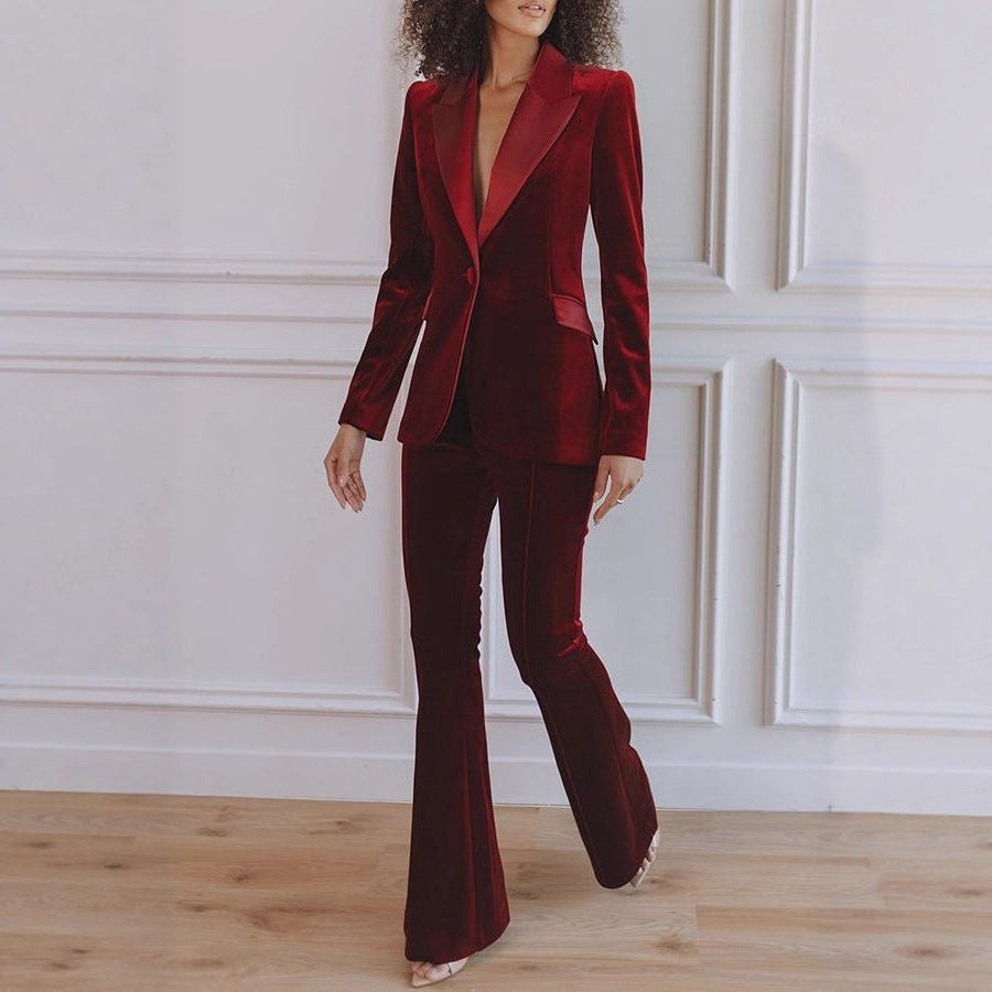 Velvet Blazer and Flared Trouser Suit - Red