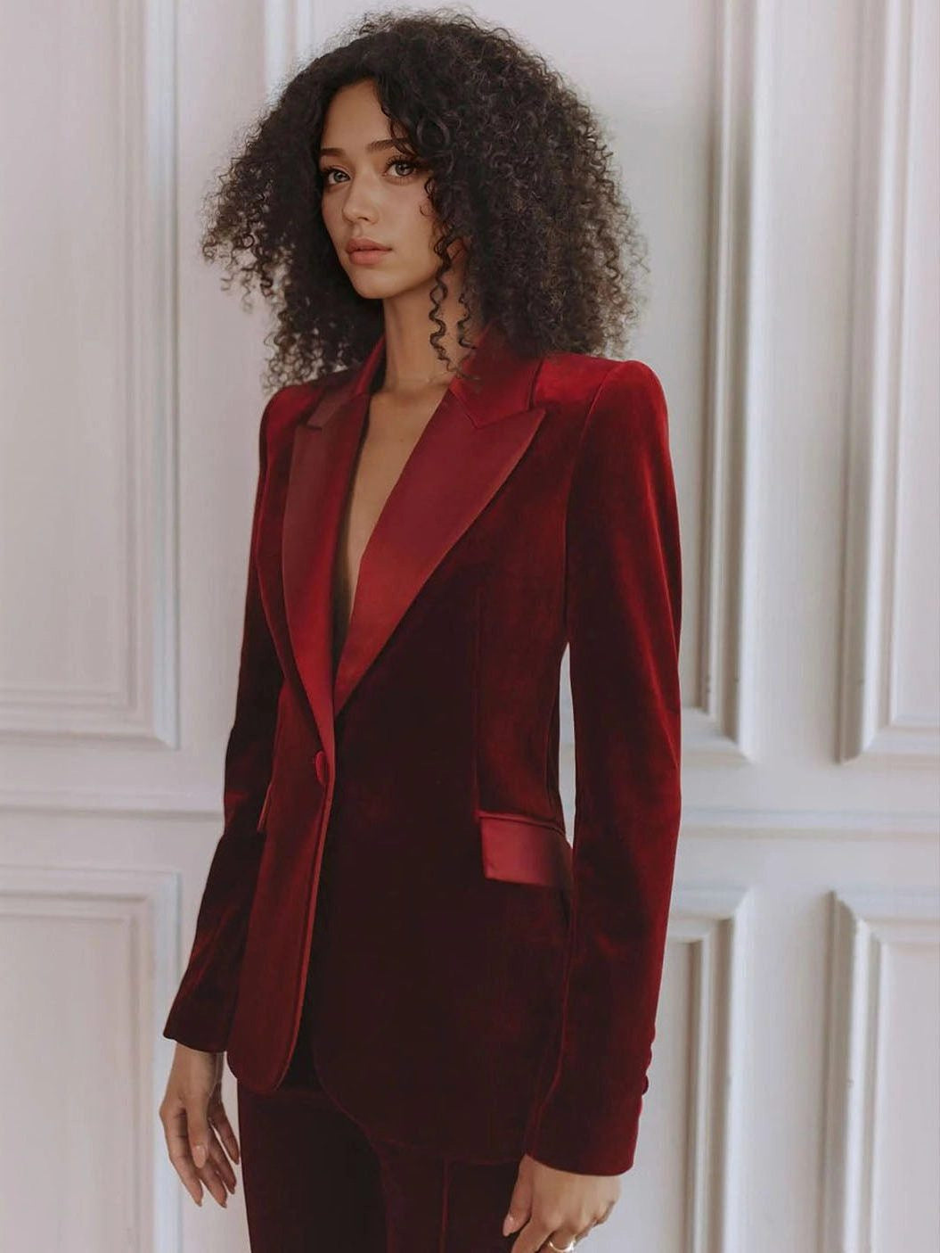 Velvet Blazer and Flared Trouser Suit - Red