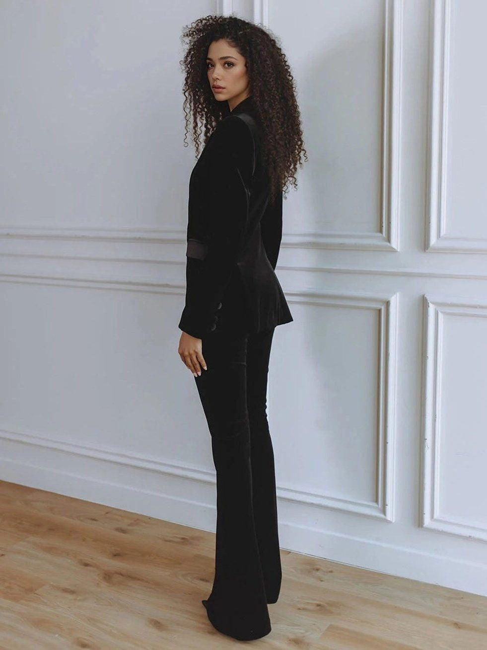 Velvet Blazer and Flared Trouser Suit - Black