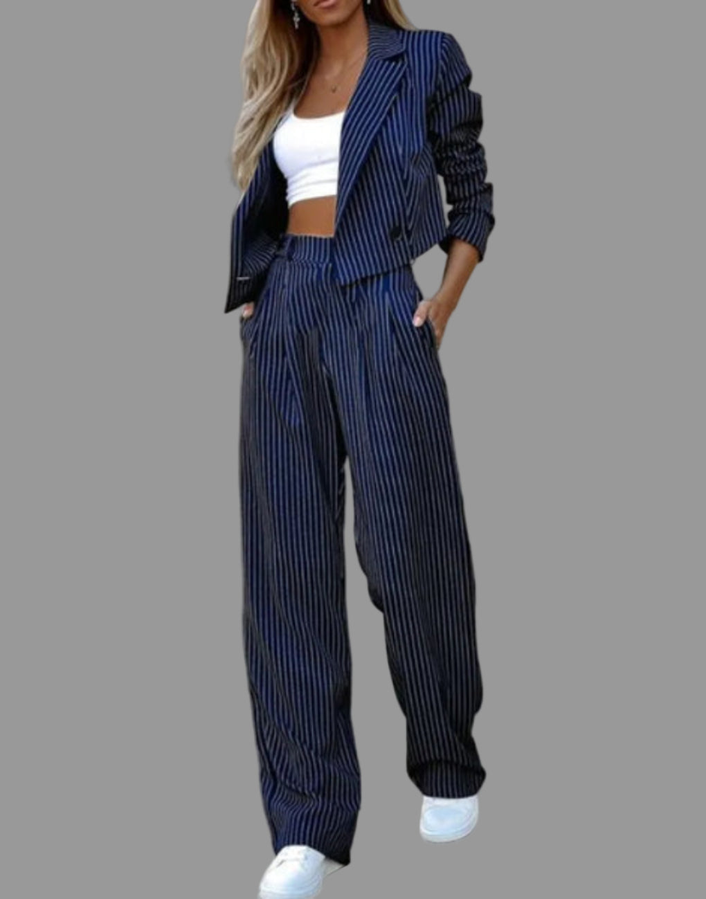 Pinstripe Blazer and Wide-Leg Trouser Suit - Dark Blue