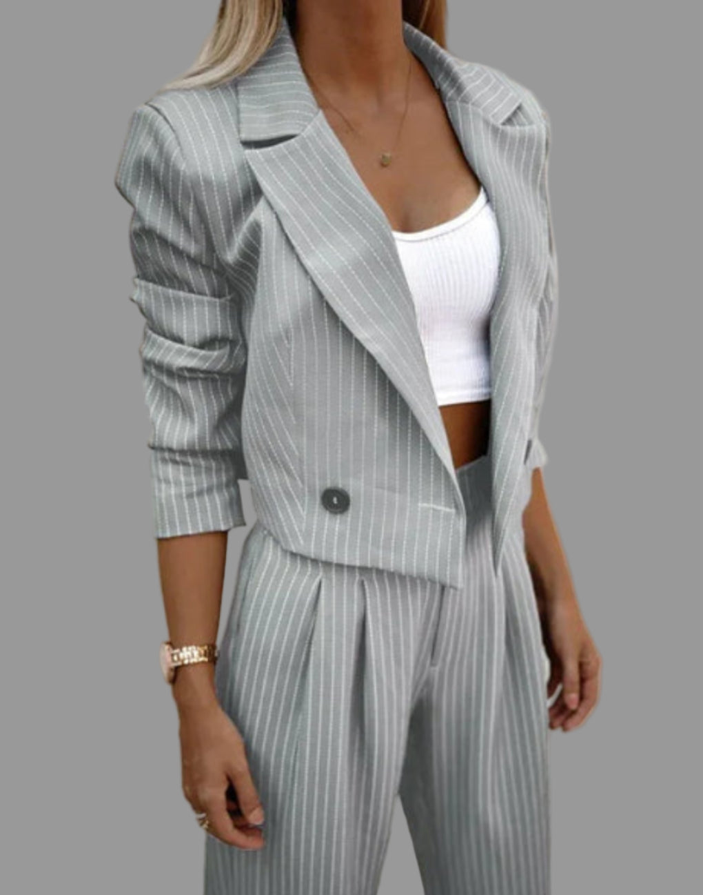 Pinstripe Blazer and Wide-Leg Trouser Suit - Grey