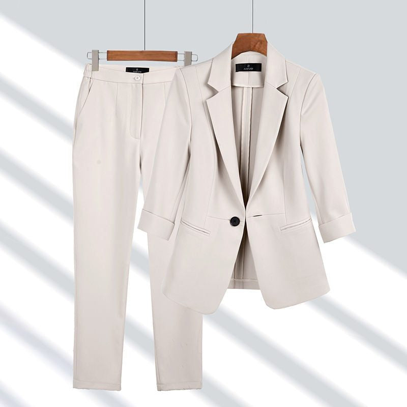 Single-Button Blazer and Straight-Leg Trouser Set - Beige