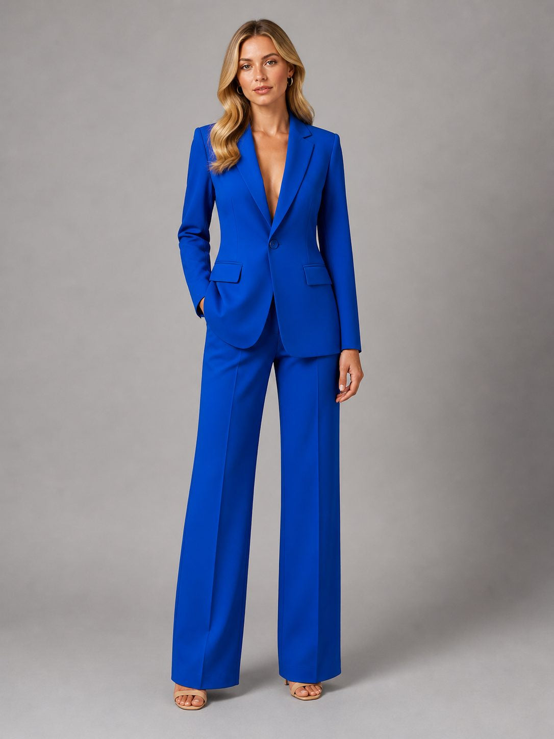 Tailored Blazer and Wide-Leg Trouser Set - Blue