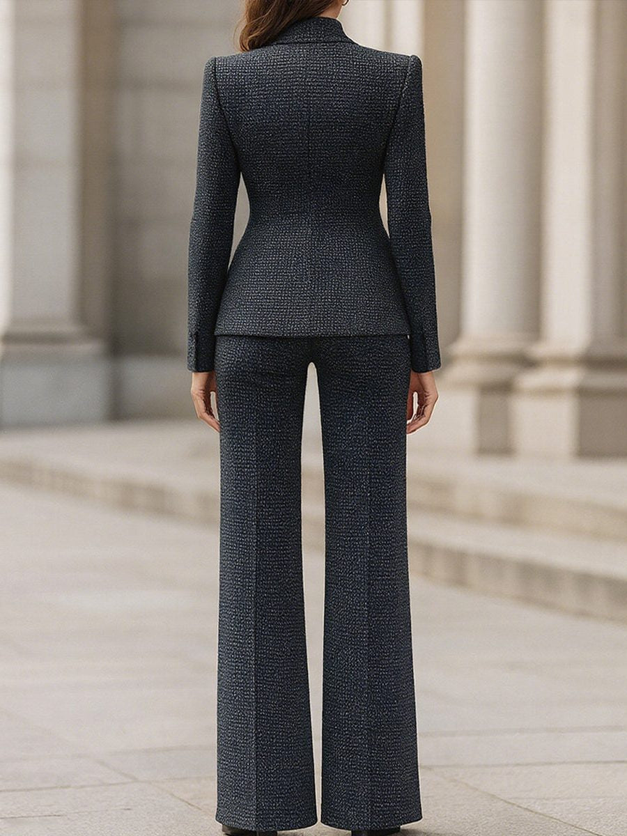Textured Double-Breasted Trouser Suit - Navy Blue