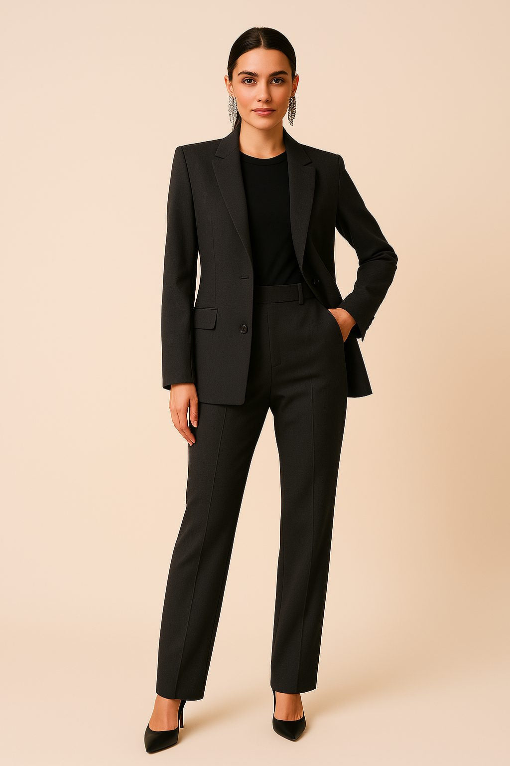 Two-Button Blazer and Straight-Leg Trouser Suit - Black