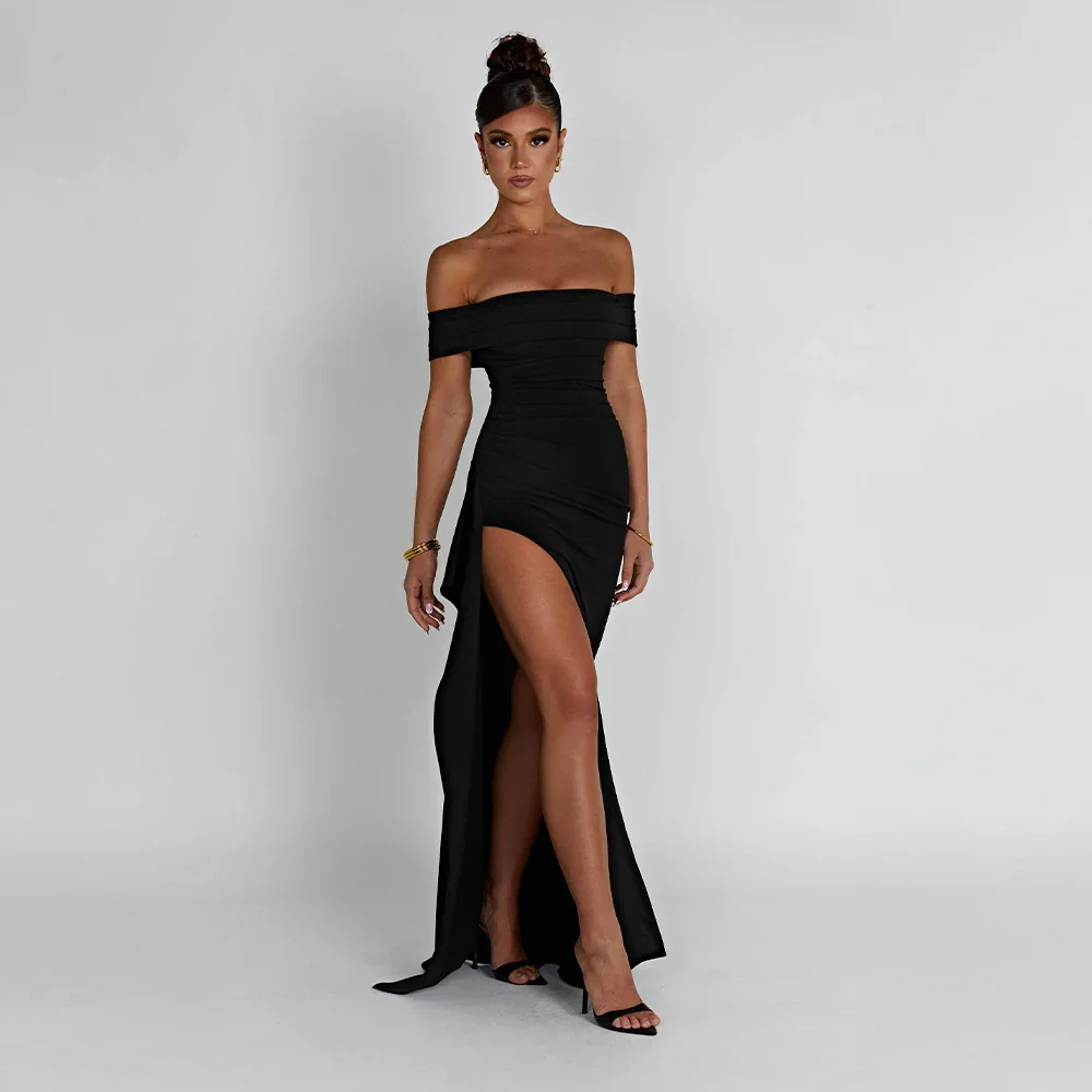 Abendkleid mit Seitenschlitz und freien Schultern für Damen - Schwarz