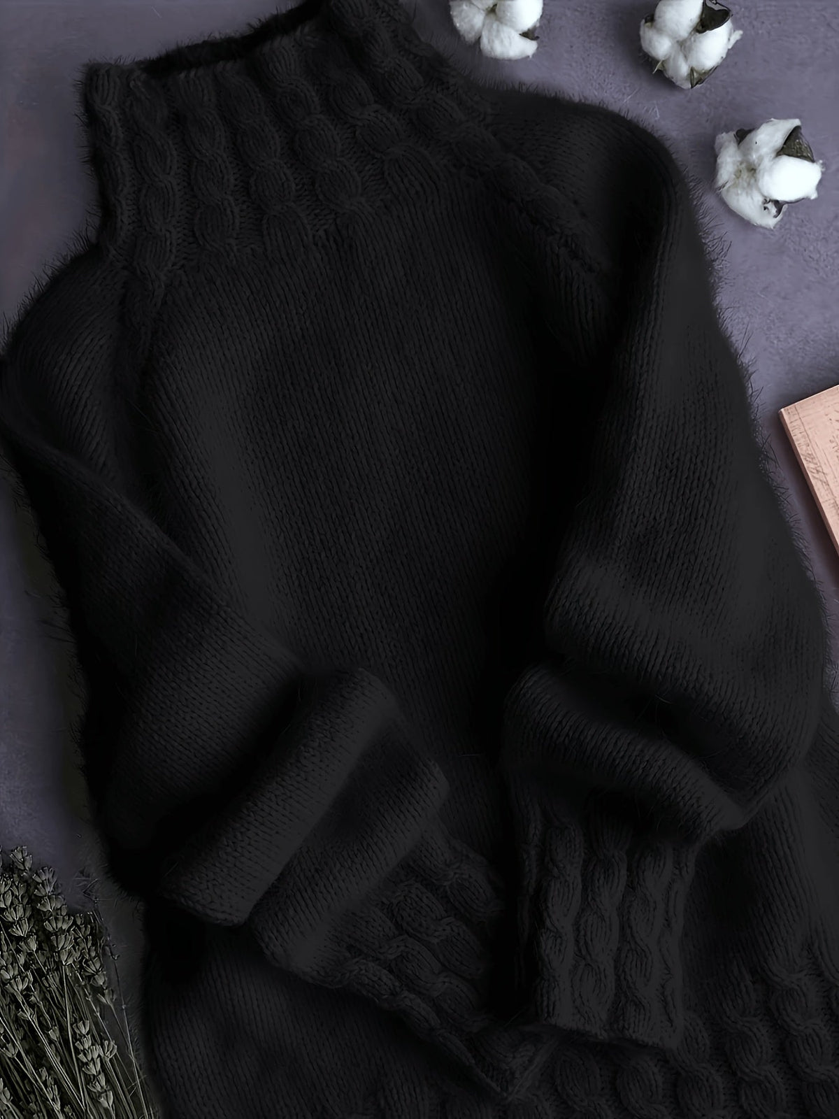 Alpaka Pullover mit Stehkragen und Ballonärmeln für Damen - Schwarz