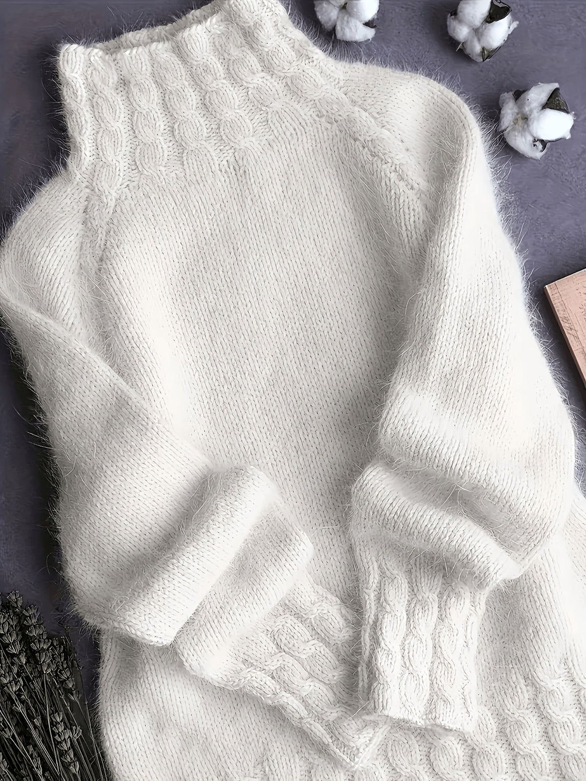 Alpaka Pullover mit Stehkragen und Ballonärmeln für Damen - Weiß
