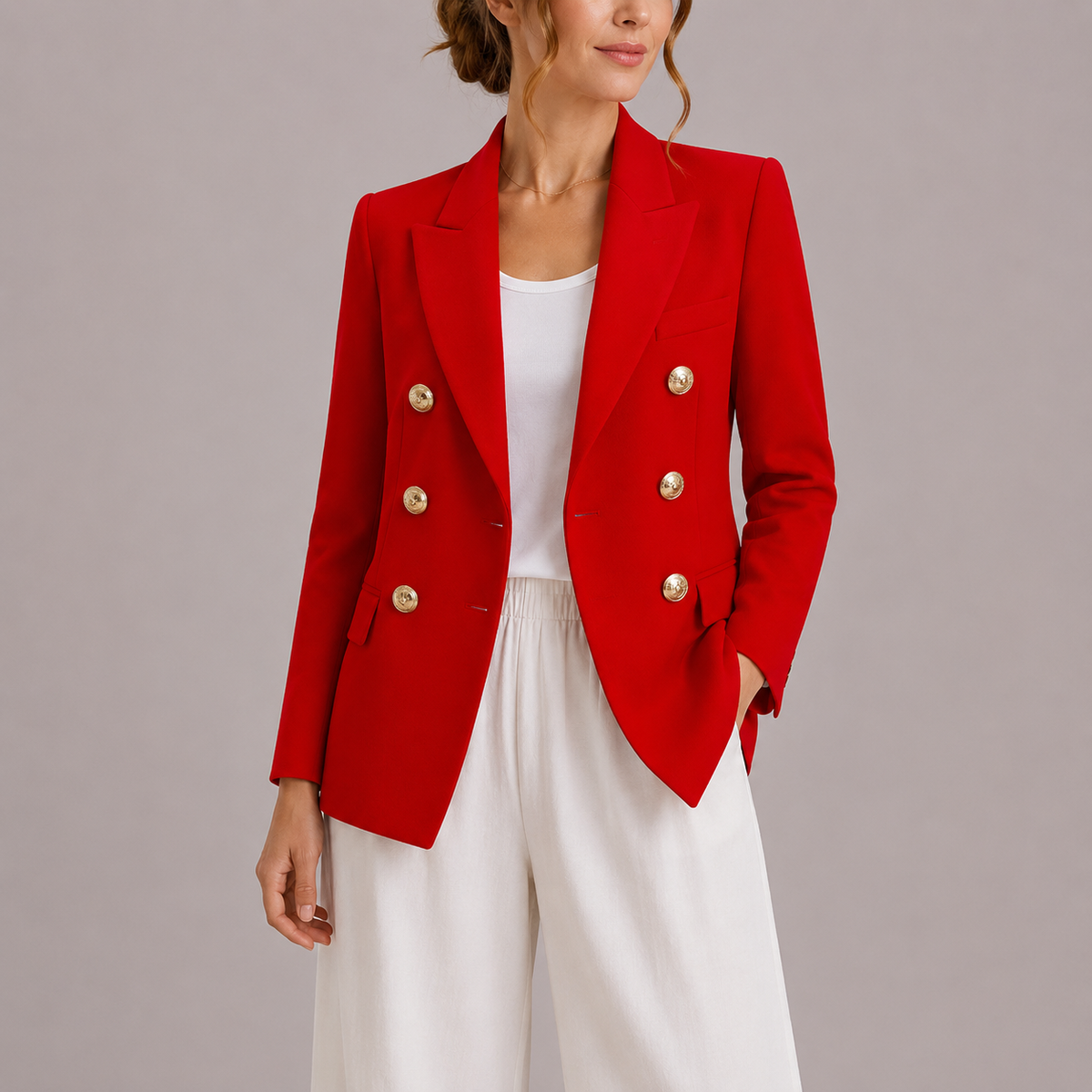 Blazer als Zweireiher mit goldfarbenen Knöpfen für Damen - Rot